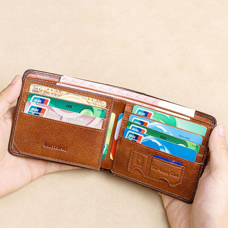 Men's RFID Blocking Genuine Leather Wallet  Vintage Short Multi Function Large Capacity Cow Skin Purse Money Clip