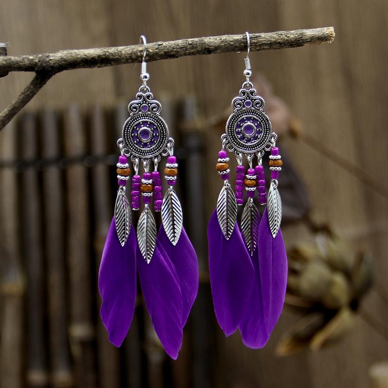 Bohemian Faux Silver Feather Tassel Mosquito Coil Earrings: Summer Retro Ethnic Ear Jewelry