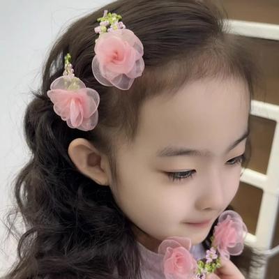 Hairpin Organza Flower Hair Clip with Hand-Crocheted Petals Leaves Sweet Style Bang Hair Pin Hair Accessories