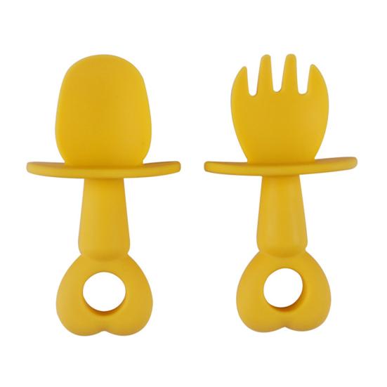 2Pcs/Set Kid Spoon Kit Food Grade Rounded Edge Silicone Self Feeding Baby Fork Set for Toddler