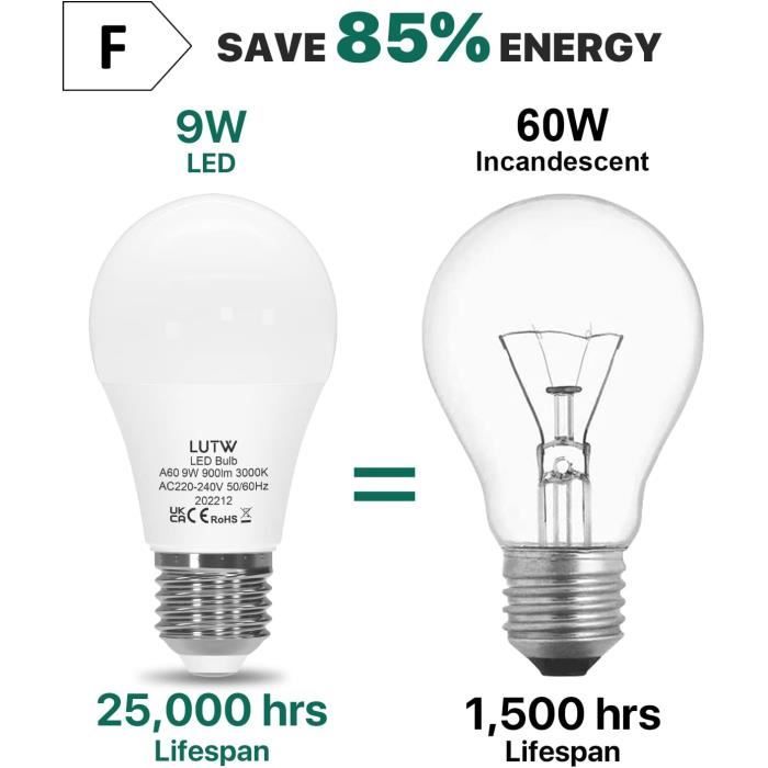 Ampoule led - lutw - a60 - e27 - blanc chaud 3000k - 9w - lot de 6