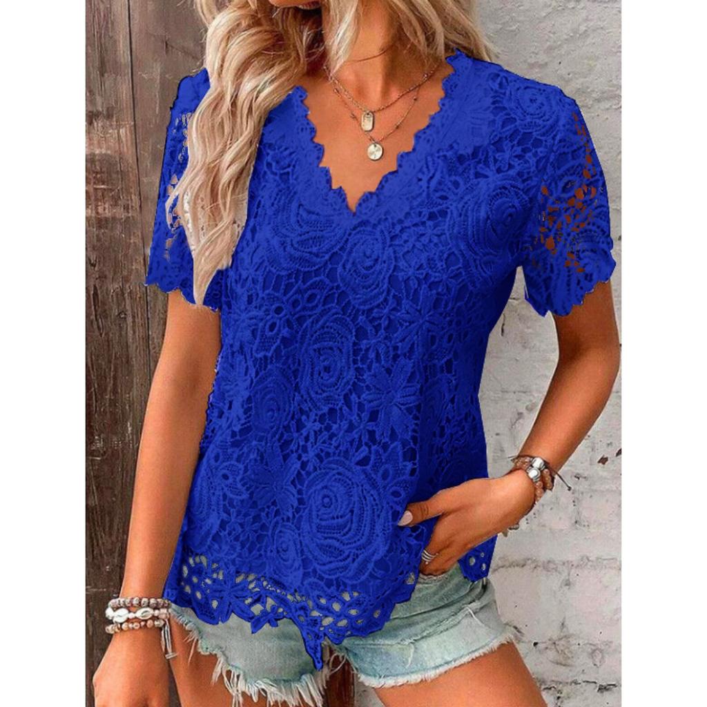 Summer New Arrival Elegant V-neck Short Sleeve Lace Top T-shirt