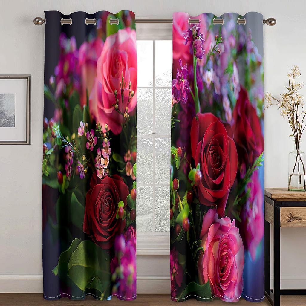 Pink Red Rose Colorful Flower Grace Window Curtains In Kids Bedroom Living Room Hall Treatments Kitchen Decoration Drapes Blinds