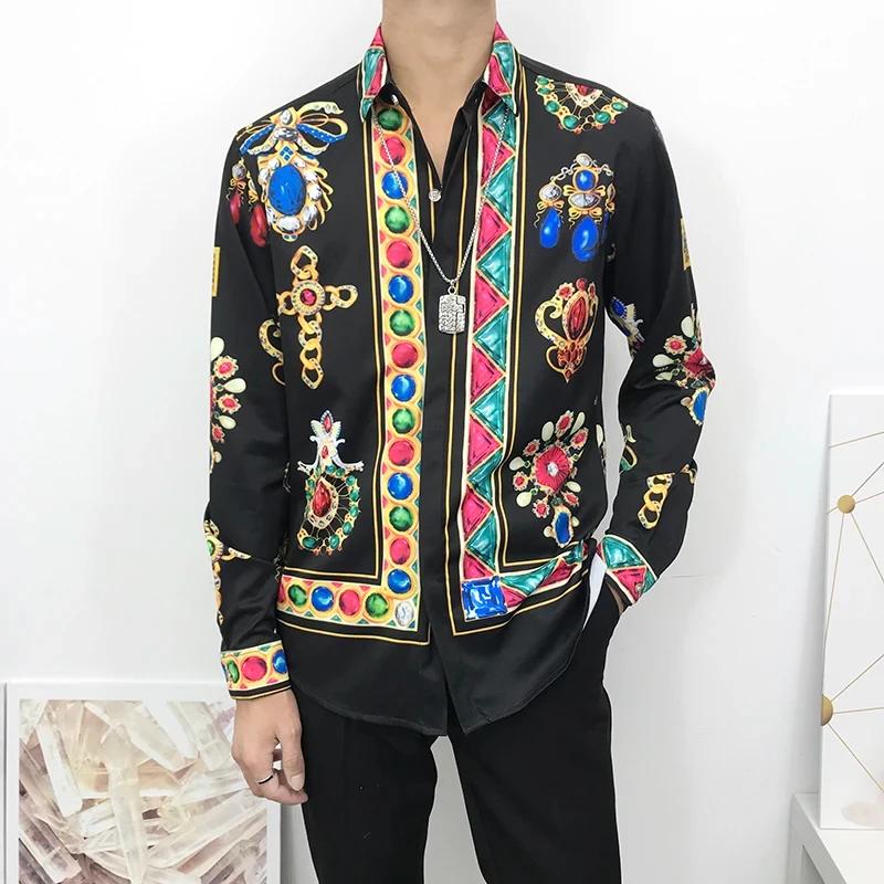 Newest Autumn Shirts For Men Baroque Long Sleeve Luxury Social Shirt V-neck Oversized Tops Tees Shirt
