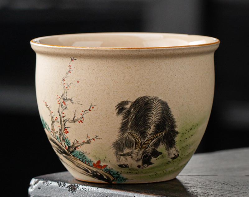 1 Pc Chinese Vintage Coarse Pottery Tea Cup Handmade Zodiac Ceramic Tea Bowl Household Teaware Personal Master Teacup 150ml
