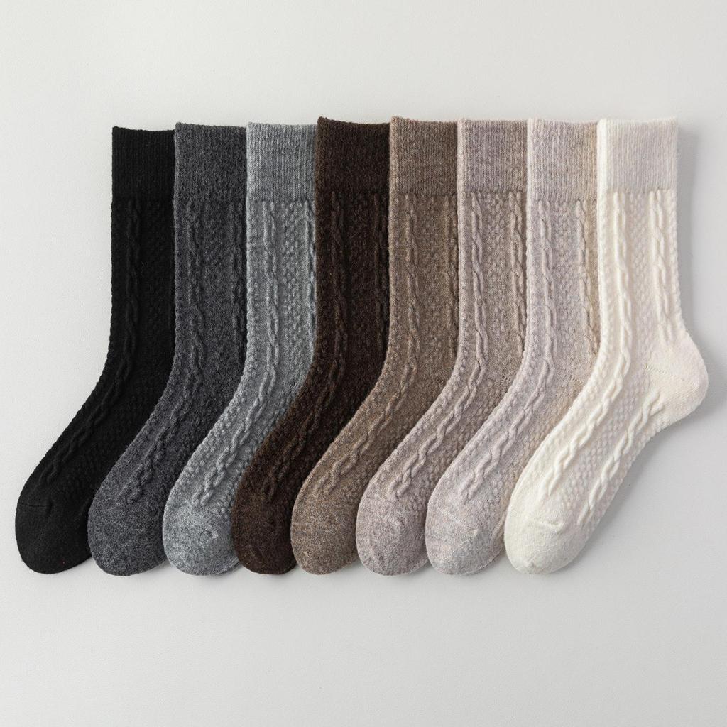 Women's Milk White Wool Socks: Autumn/Winter Cable Knit, Thickened for Warmth, Grey Tones, Mid-Calf Slouch Socks