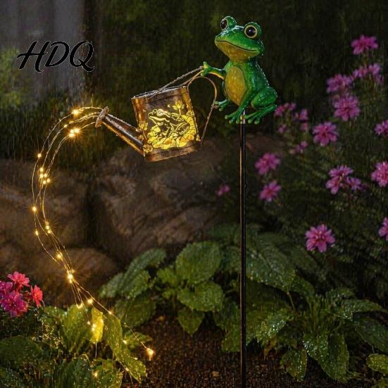 Metal Landscape Lighting Solar Frog Garden Stake Light Watering Can Shadow Projection Lamp with Waterfall Light LED Outdoor Yard Decor for