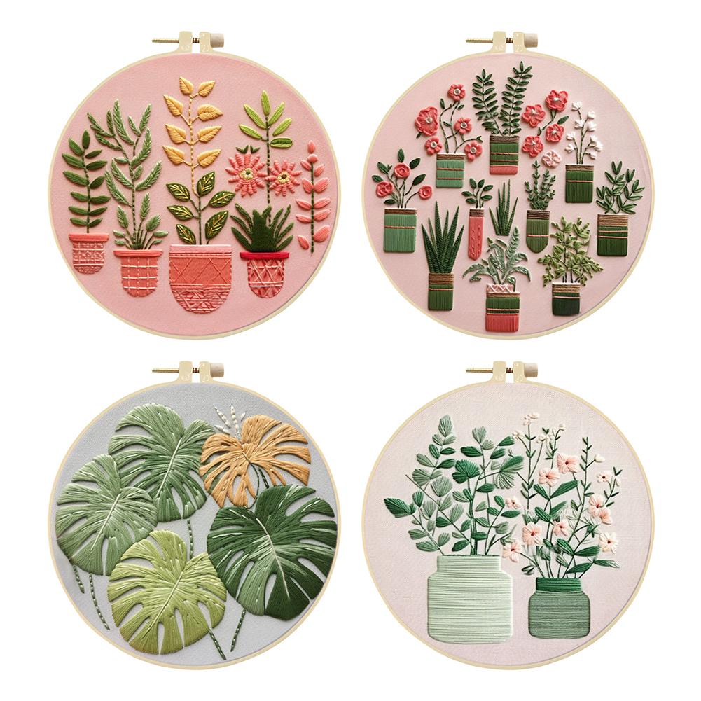 4pcs Flower Cotton Stamped Embroidery Cross Stitch DIY Starter Needlepoint Kit