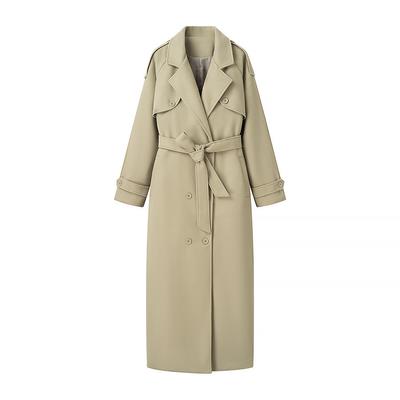 Women's Lapel Long Sleeve Wool Coat Loose Fit Waist Tie Belt Long Trench Overcoat