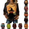 Women's Casual Halloween Print Round Neck Three Quarter Sleeve Linen Blend Top Lightweight Comfortable Fit for Daily Wear