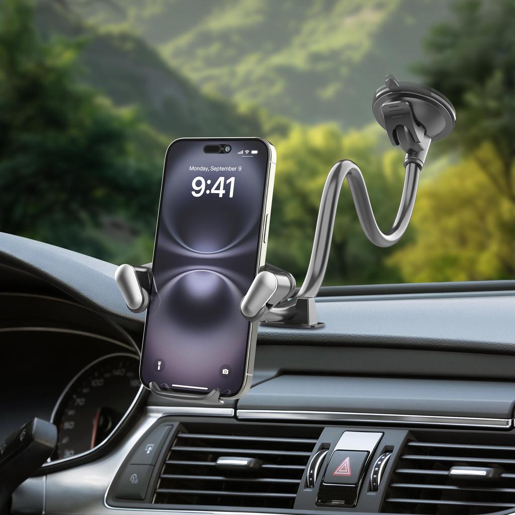Multi-Functional Suction Cup Windshield Phone Holder with Extended Soft Hose for Cars, Trucks, Vans, and Buses