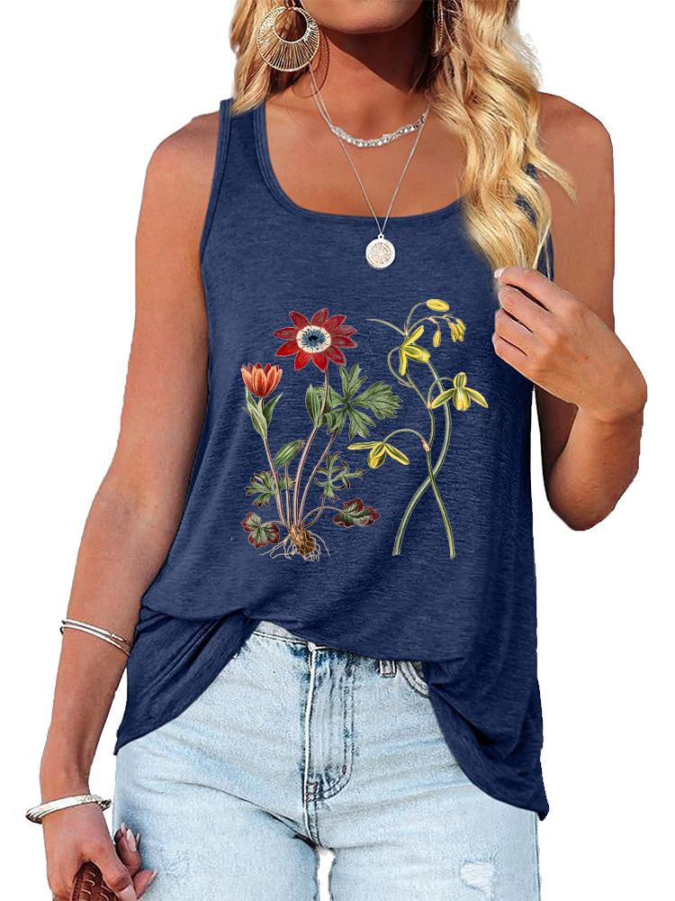 Women Fashion Printed Tank Top Summer Casual Round Neck Sleeveless Shirt