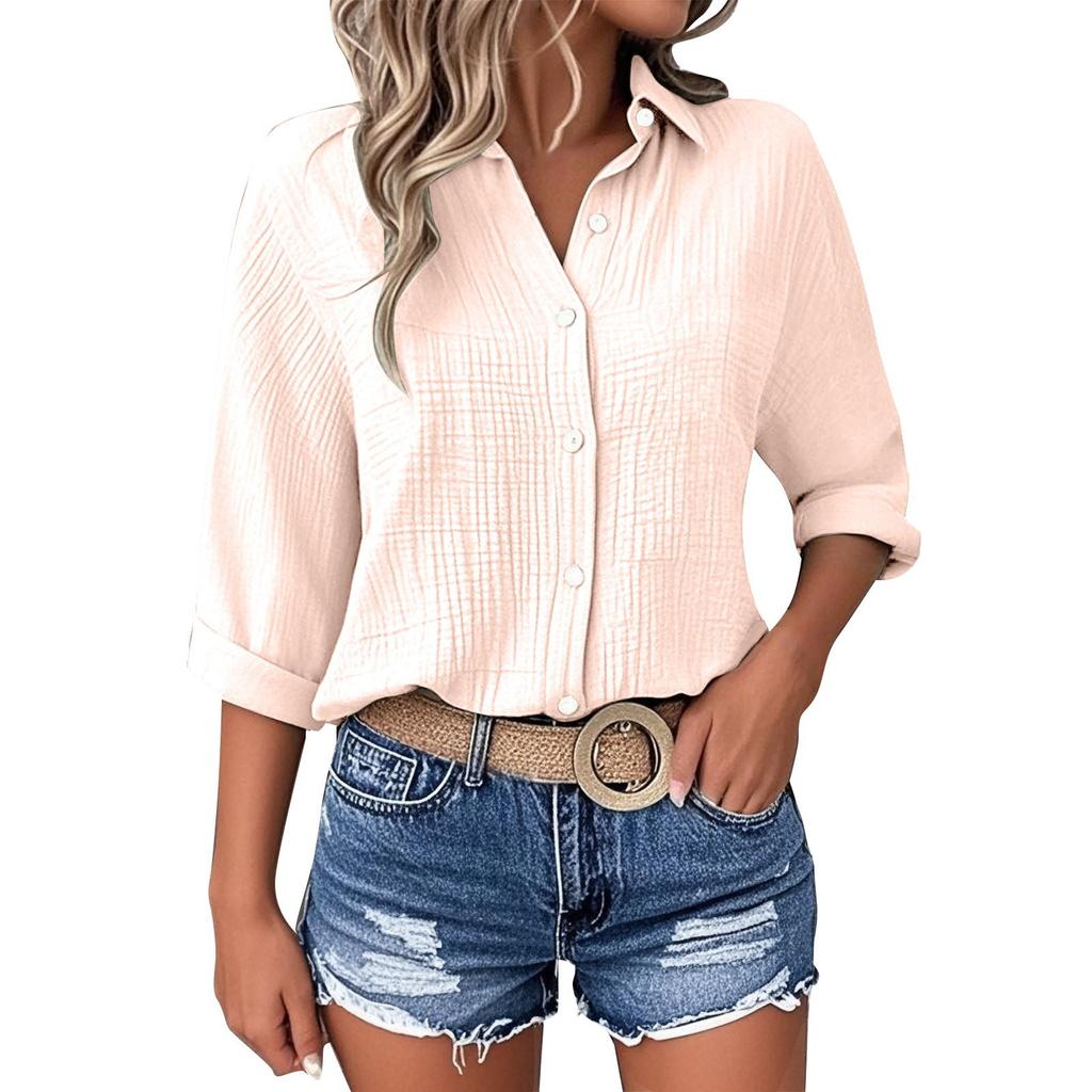 Womens Button Down Shirts 3/4 Sleeve Casual Collared Shirt Loose Blouses Solid Color Tops With Pocket