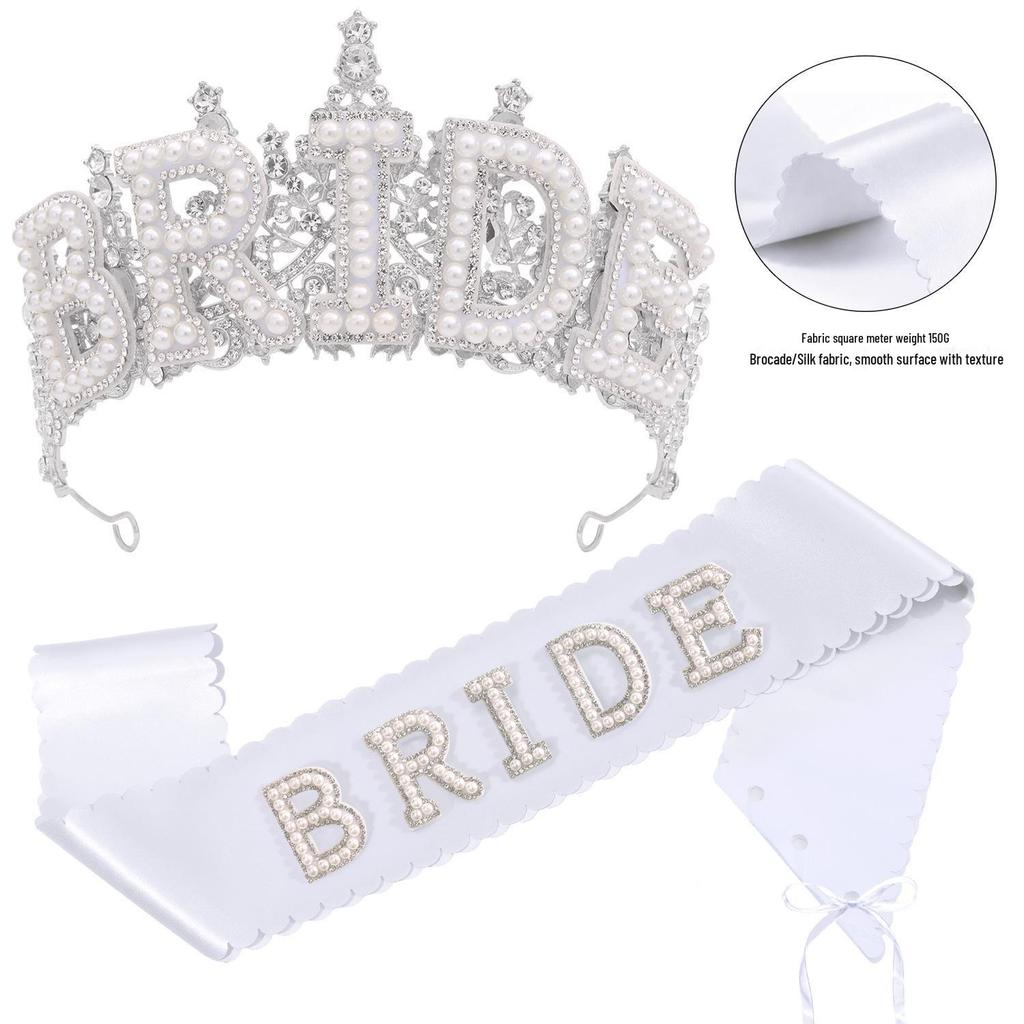 New Crystal Pearl Bride Crown & Headdress for Bachelorette Party with "BRIDE" Sash