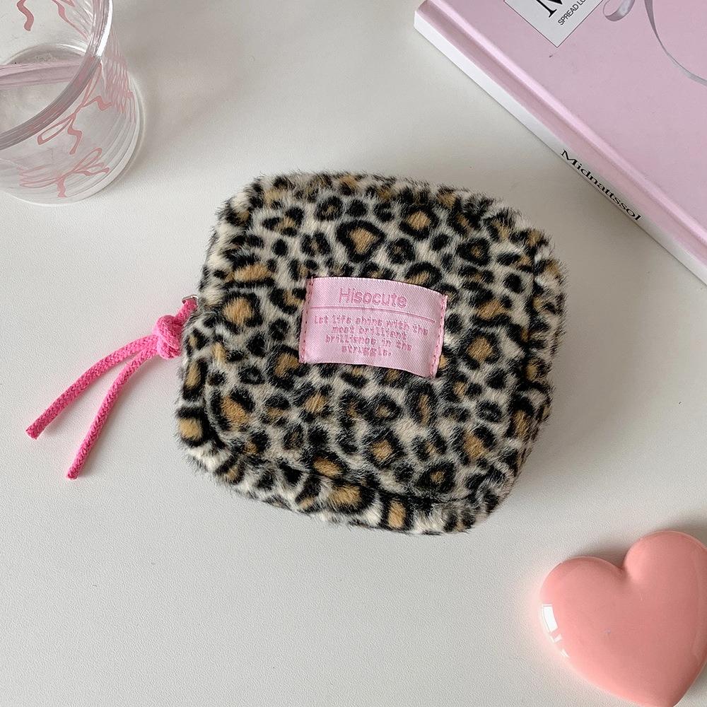 Retro Leopard Print Plush Small Square Bag  Portable Sanitary Napkin Storage Bag for Girls  Student Menstrual Bag  Small Makeup Bag