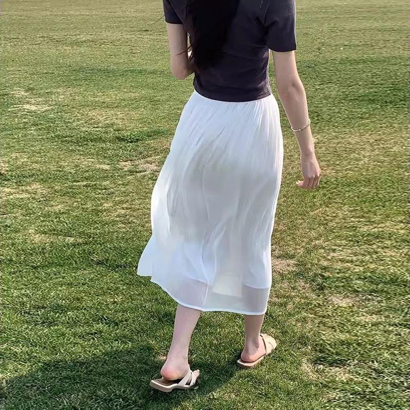 Streamer mesh skirt women's spring, autumn and summer high waist drape temperament versatile and thin a word pleated skirt