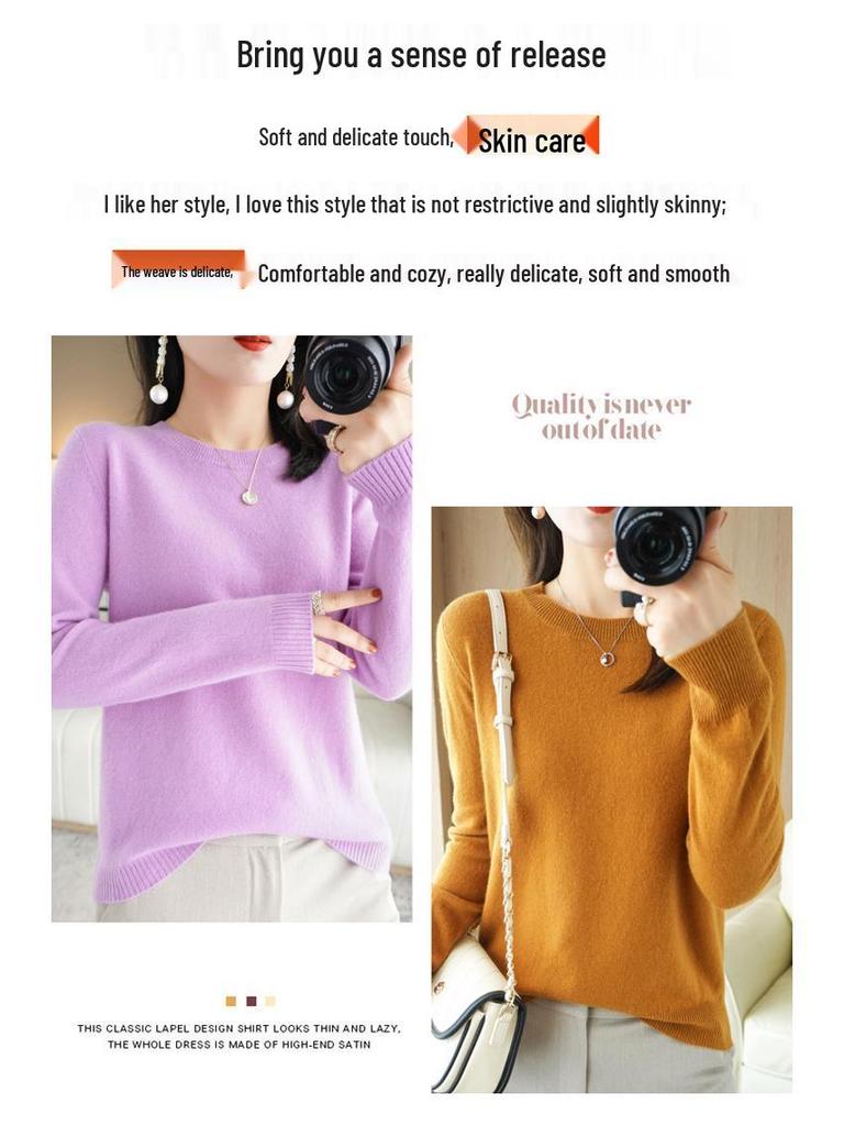 Women's Round Neck Solid Color Knitted Pullover Sweater - Autumn/Winter Long Sleeve Korean Style.