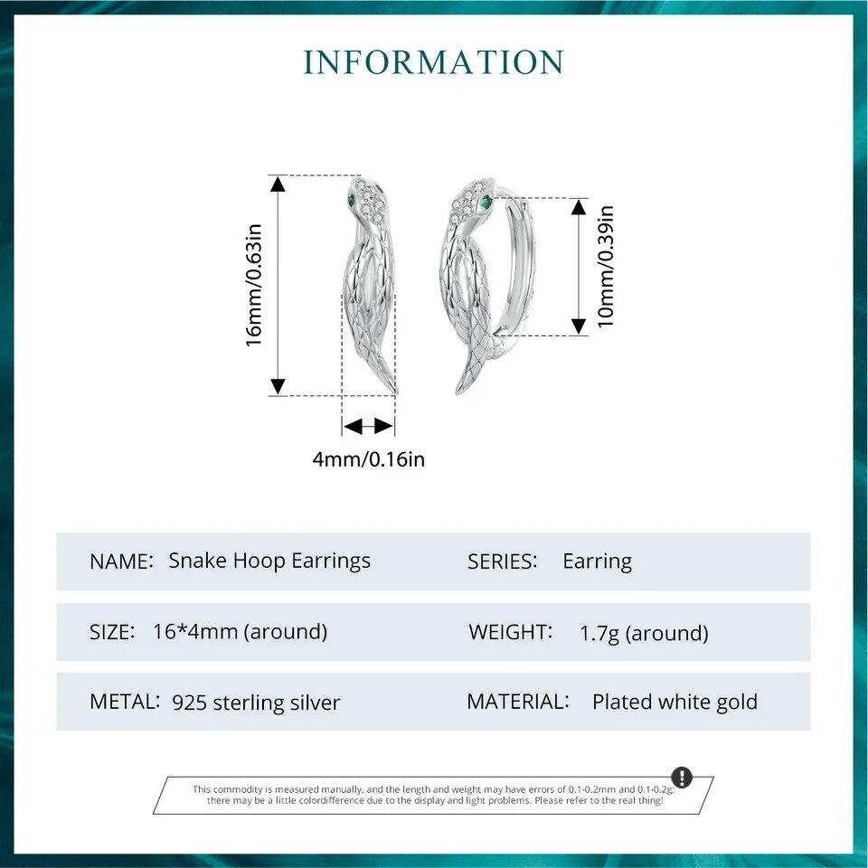 Bamoer 925 Sterling Silver Snake Hoop Earrings for Women Green Zircon Eyes Lightweight Ear Buckles Statement Fine Jewelry