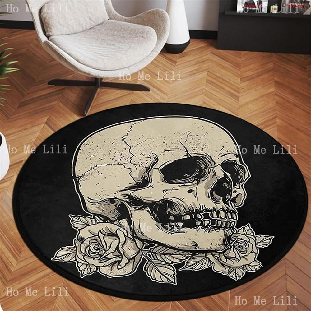 Skull Rose Flower Black Round Flannel Carpet Non-Slip Rug Washable Floor Mats For Kitchen Bedroom Living Room