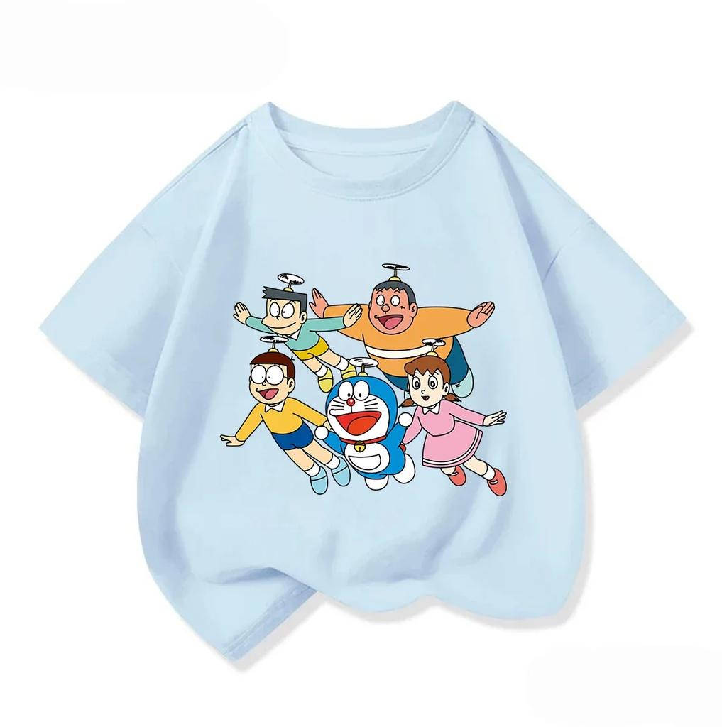 Lovely Boys Girls Crew Neck T Shirt Summer Kawaii Cartoon Print Cute Street Casual Wear Doraemon Kids Outfit 314Y
