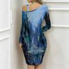 Women Plus Size Asymmetric Cold Shoulder Blue Brown Ornate Paisley Print Wrap Bodycon Midi Dress