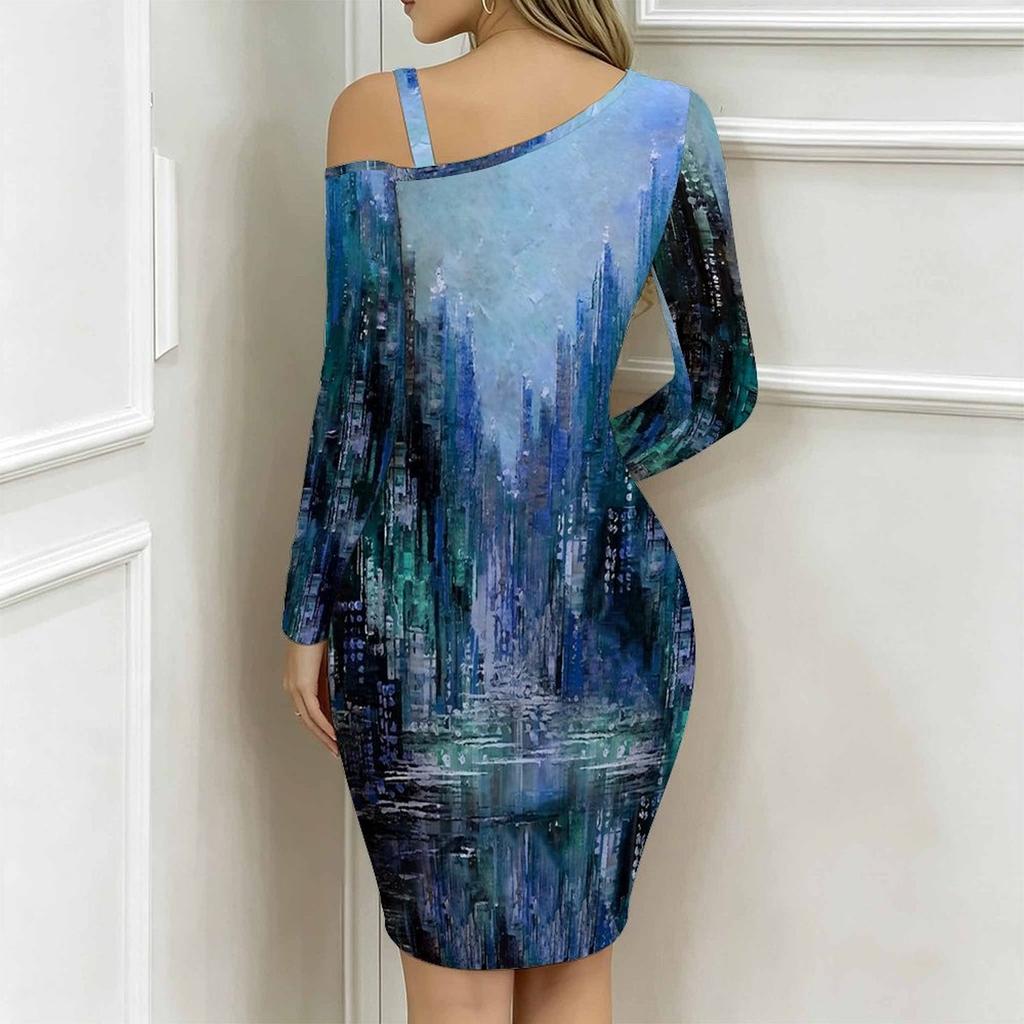 Women Plus Size Asymmetric Cold Shoulder Blue Brown Ornate Paisley Print Wrap Bodycon Midi Dress
