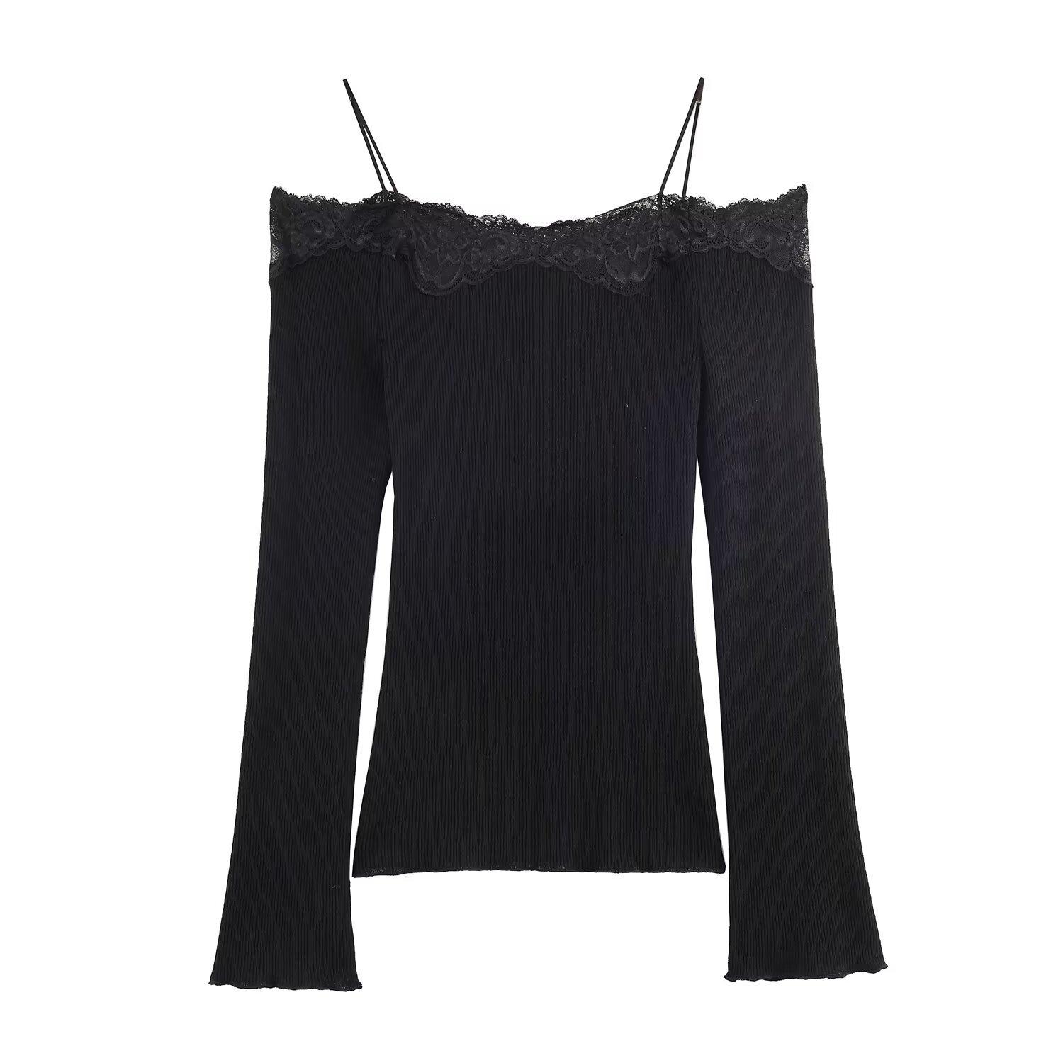 European and American style, new women s clothing, foreign style, fashionable, fashionable off-the-shoulder splicing T-shirt 1067007 S чёрный