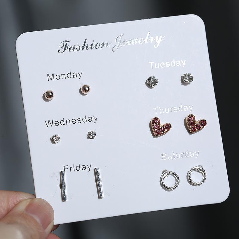 6 Pairs/set Cute Geometric Heart Cute Rhinestone Crystal Stud Earrings Set for Women Creative Round Ball Bar Earring Set Gift