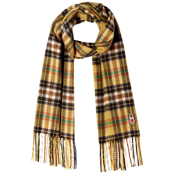 [Mackintosh Philosophy] MOONBAT Cashmere 100% Wavy Tartan Check Muffler with Buckingham Bear Applique, Women s, Yellow, 30cm x 180cm