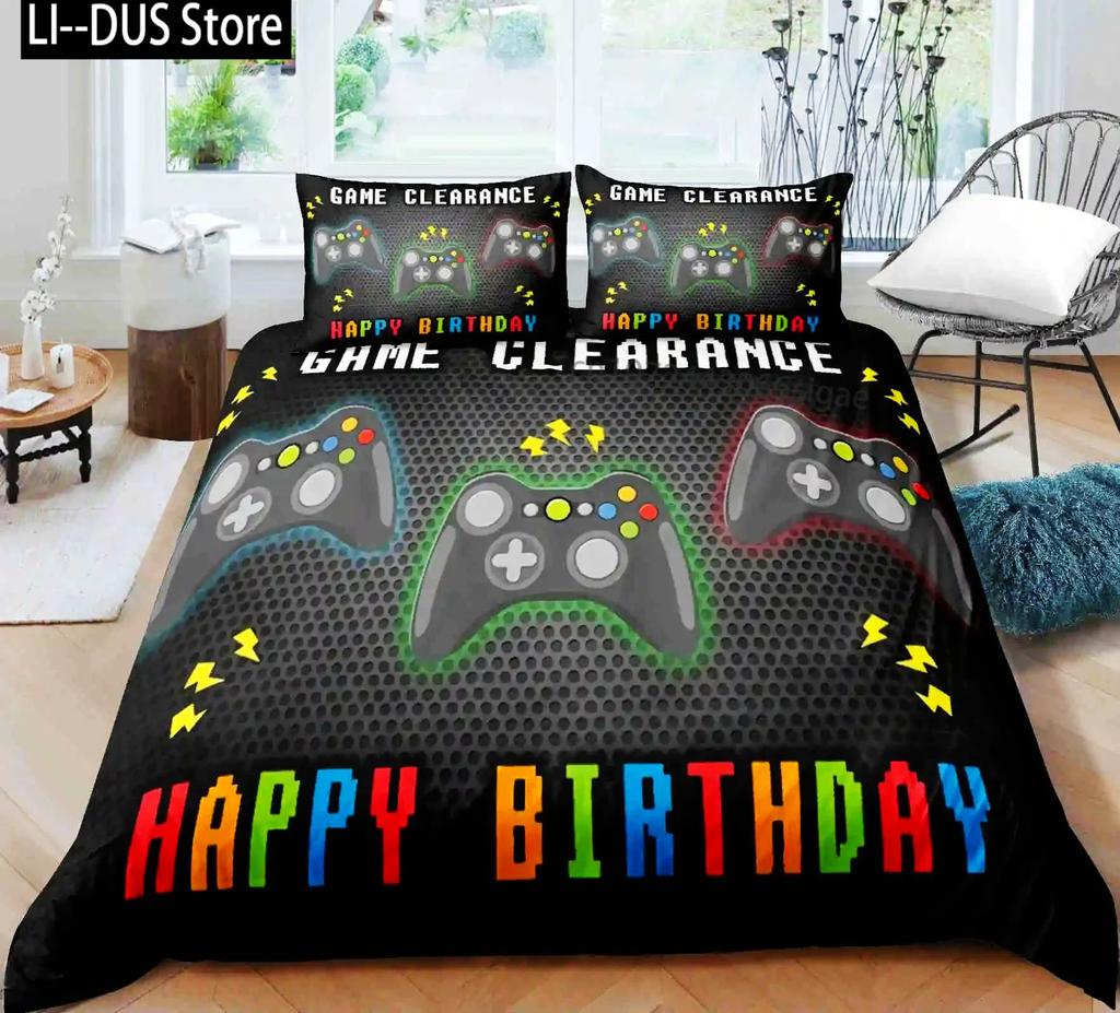 Set de lenjerie de pat pentru gamer pentru dormitor, moale, modern, cu gamepad, cuverturi confortabile pentru copii, husă de plapumă, husă de pilotă cu jocuri video și față de pernă
