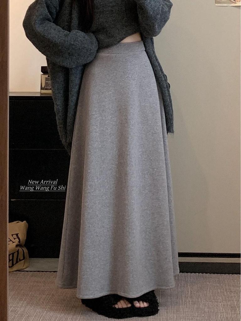 Korean Style High Waist Wool Midi Skirt - A-Line, Solid Color, Chic Slimming Skirt for Women, Autumn/Winter.