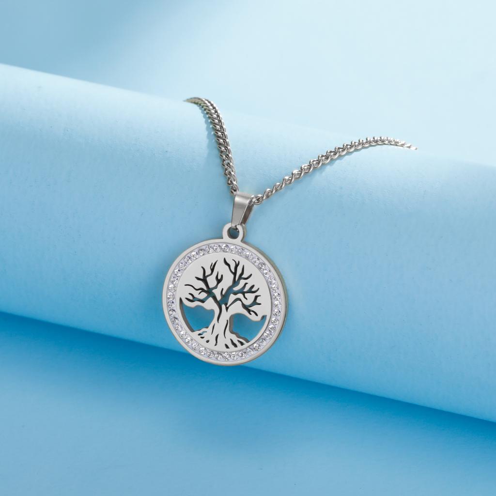 Tree of Life Clear Zircon Round Pendant Necklace Women Stainless Steel Gold Color Neck Chains Luxury Jewelry Wedding Gift