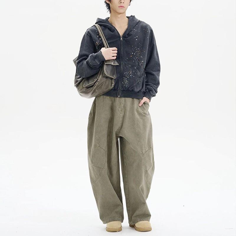 Herren Damen Kapuzenpullover mit durchgehendem Reißverschluss Gewaschener Vintage-Look Mit Strasssteinen Verziert Lockerer Schnitt