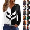 Women's Casual Long Sleeve V-Neck Button T-Shirt with Halloween Print