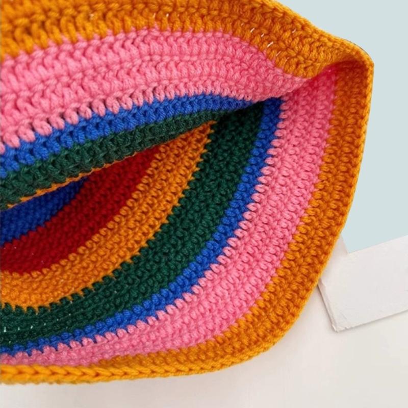 Striped Skull Design Crochet Bucket Hat Crocheted Acrylic Knit For Outdoor Stretchy Unisex Fit