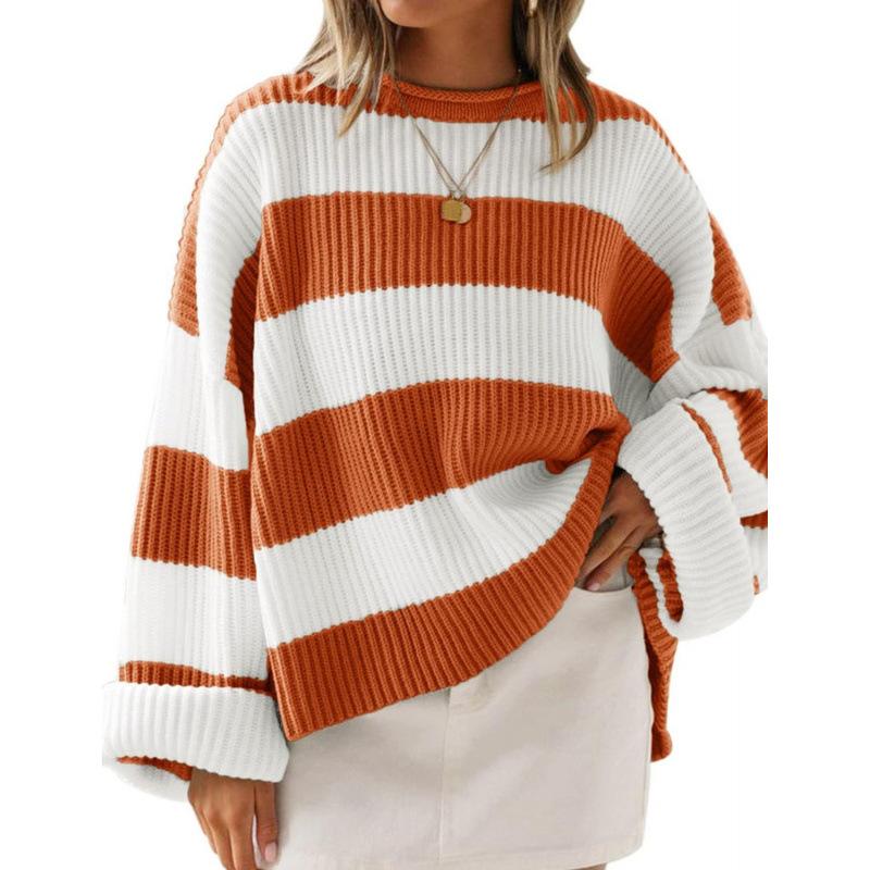 Women's Blue and White Stripe Loose Fit Long Sleeve Crew Neck Sweater