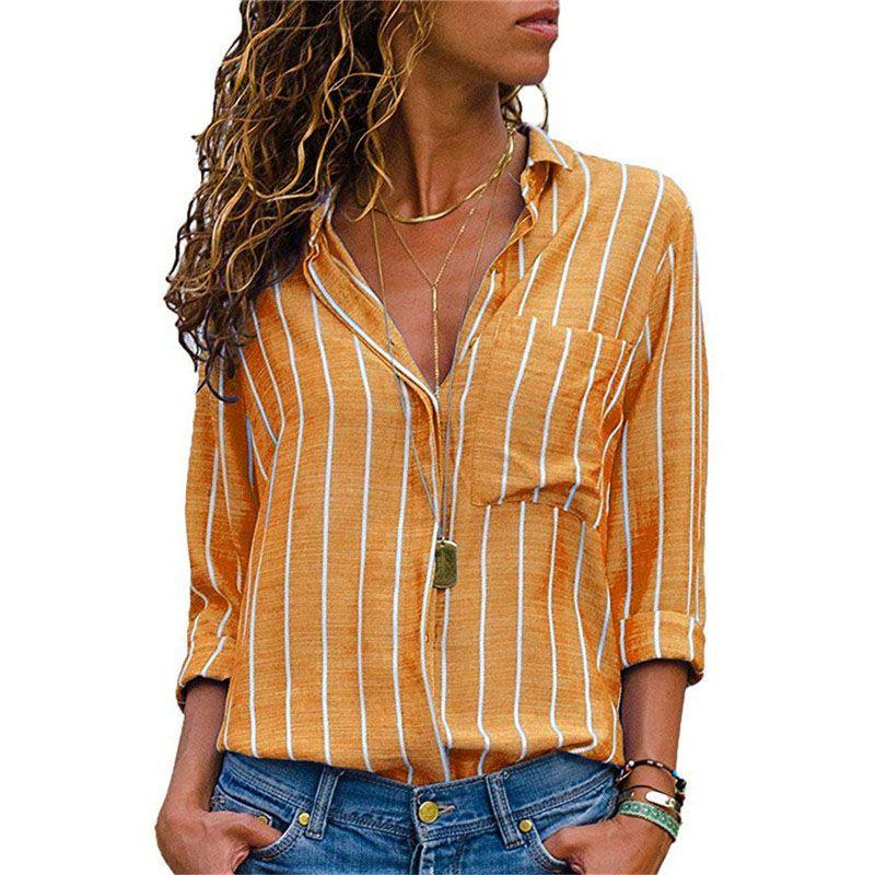 Womens Long Sleeve Loose Blouse Casual Tops Featuring Elegant V-neck Button-up Design