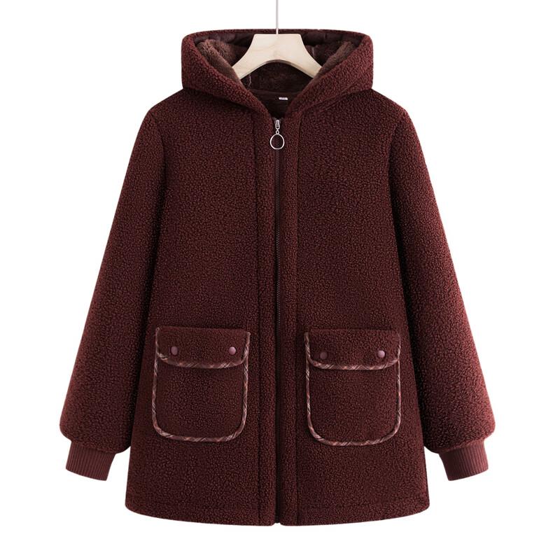 Middle-aged Women's Faux Lamb Wool Lined Hooded Winter Jacket