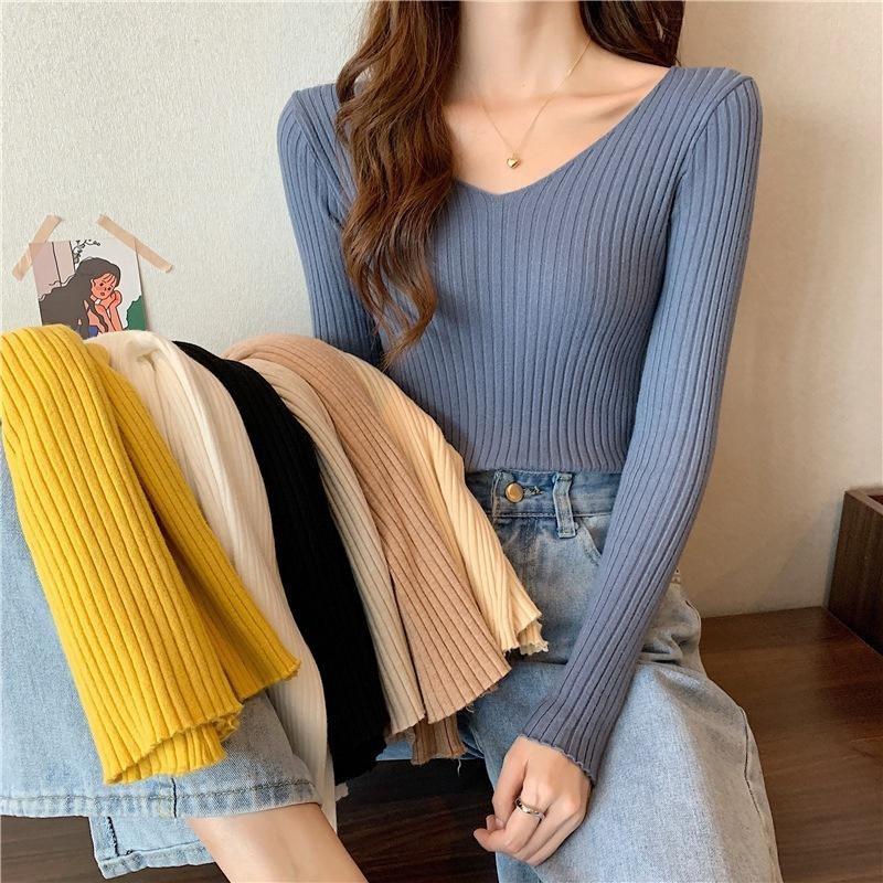 Damen V-Ausschnitt Pullover Slim Pullover Eng Langärmlig Einfarbig Einheitsgröße Strickware Frühling Herbst Pendeln