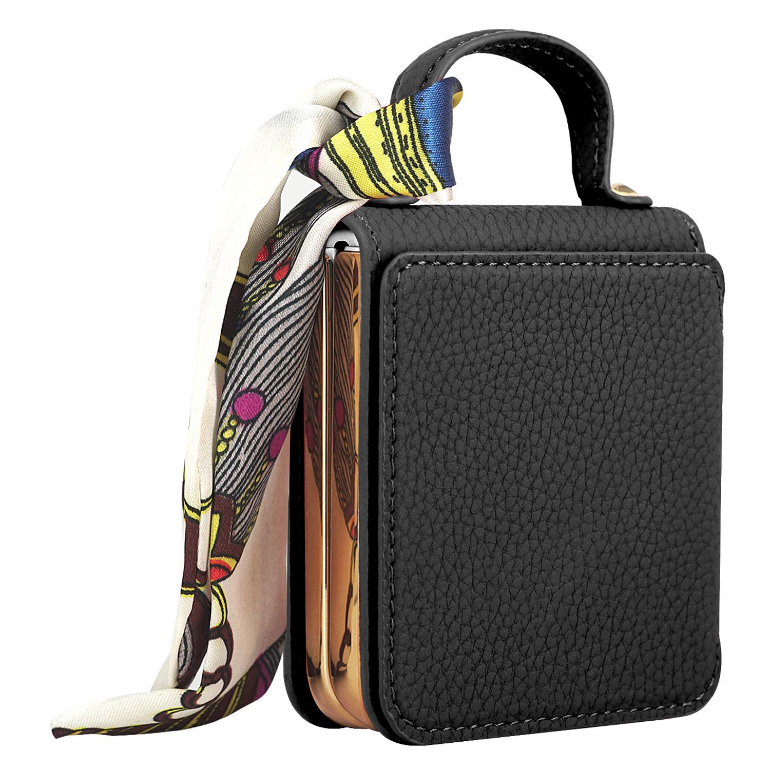 

For Samsung Galaxy Z Flip5 5G Case Folding Mirror PU Leather+PC Tote Phone Cover with Back Film Black