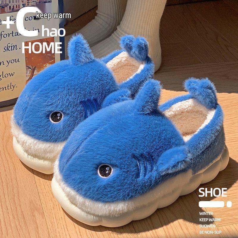 Men's and Women's Shark Cartoon Cotton Slippers: Non-slip, Plush, Thick-soled, Full Heel, Indoor/Outdoor Winter Warm Footwear