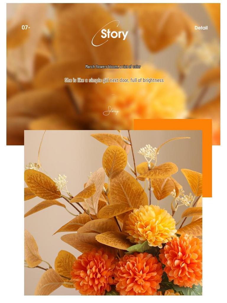 Eucalyptus Ball Chrysanthemum Bouquet in Ceramic Vase - Artificial Dried Flowers for Living Room or Dining Table Decor