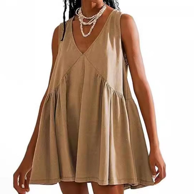 Women's V-neck Sleeveless Pleated Vest Pocket Casual Dresses