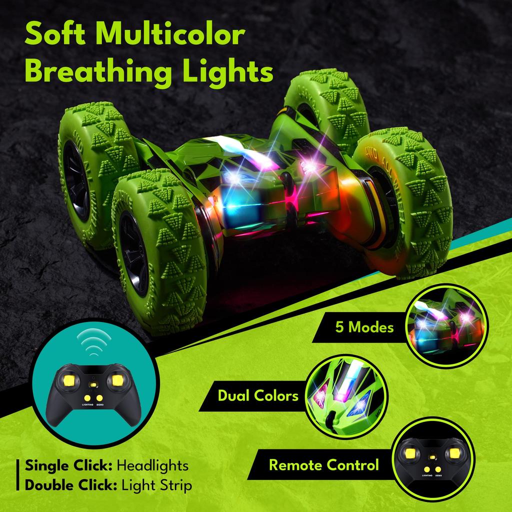 Threeking Remote Control 4WD Stunt Remote Control No Tools Boys and Birthday Indoor and Outdoor Suitable for Children Ages 6 and Green Car, Kids' Toy,