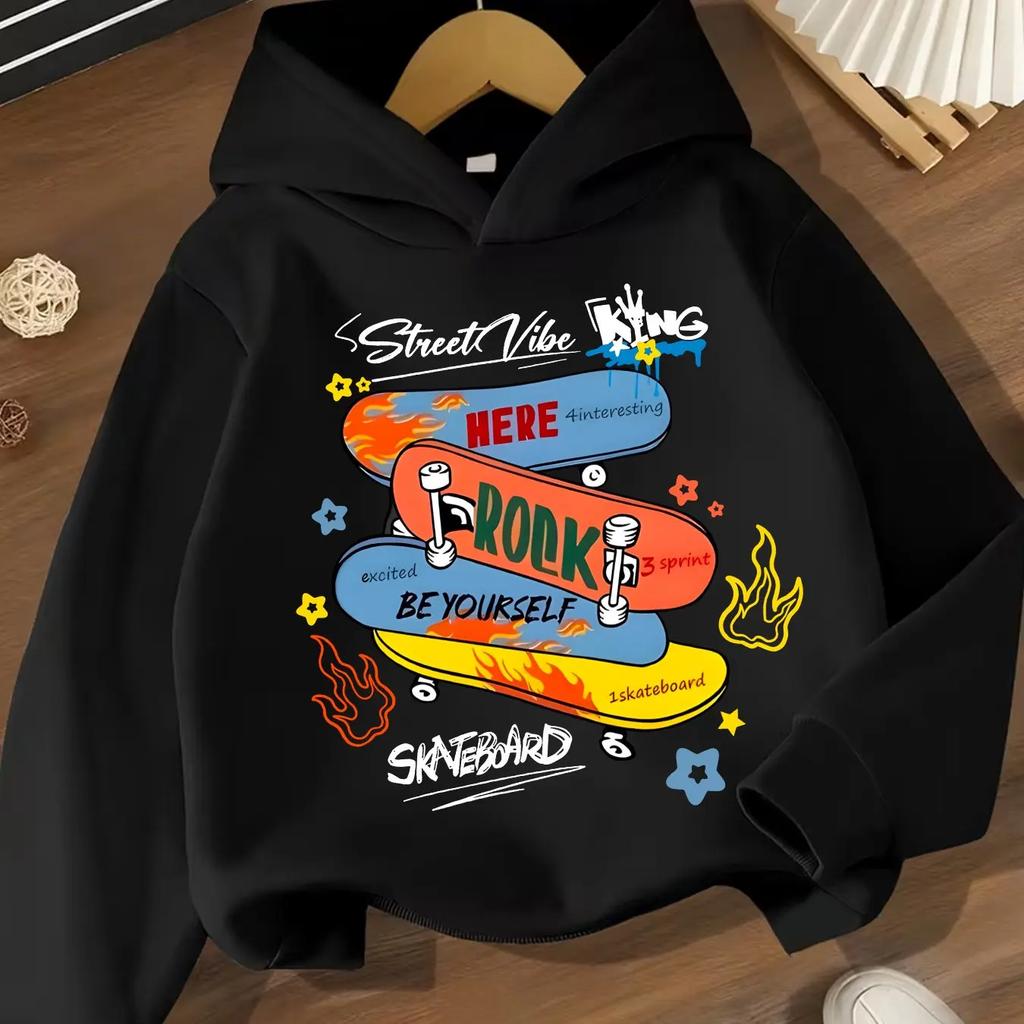 Kids Skateboard Hoodie Graffiti Graphic Print Pullover Sweatshirt Boys Girls Streetwear Cartoon Casual Hooded Top Autumn Winter