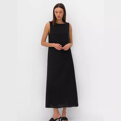 2024 Spring Women's Solid Color Cotton Linen A-line Tank Dress - French Loose Fit, Round Neck.
