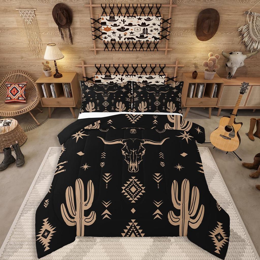 Erosebridal Western Aztec Comforter Set King Size, Boho Farmhouse Bedding Set for Kids Boys Teens Ethnic Southwest Bull Skull Cow Quilt Amer