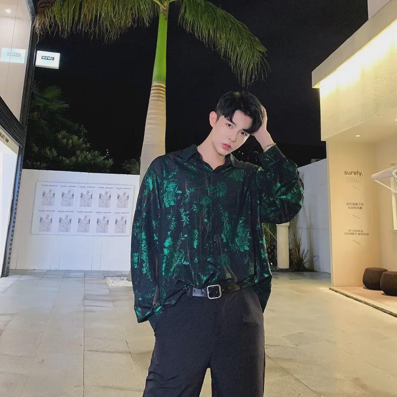 Pánská retro lesklá westernová košile s potiskem růží - Volná, trendy top kadeřníka ve stylu celebrit