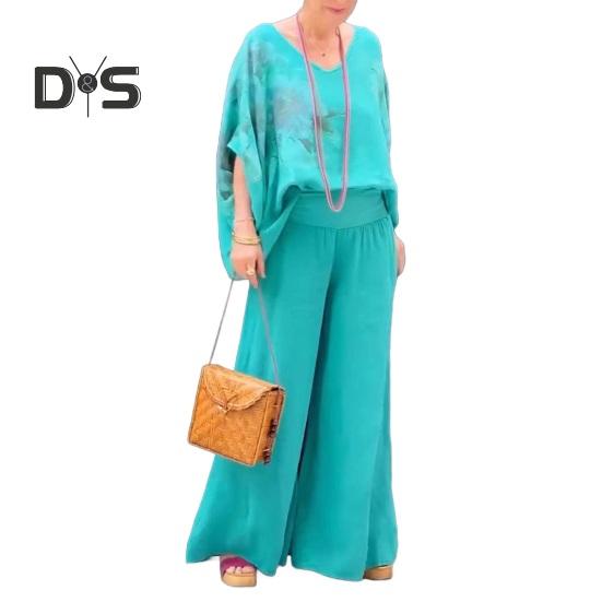 

Комплект из 2 предметов: блузка, брюки, V-образный вырез, рукава «летучая мышь», свободный топ с цветочным принтом, широкие брюки с эластичной резинкой на талии, повседневный наряд для поездок на работу и путешествий XXL синий