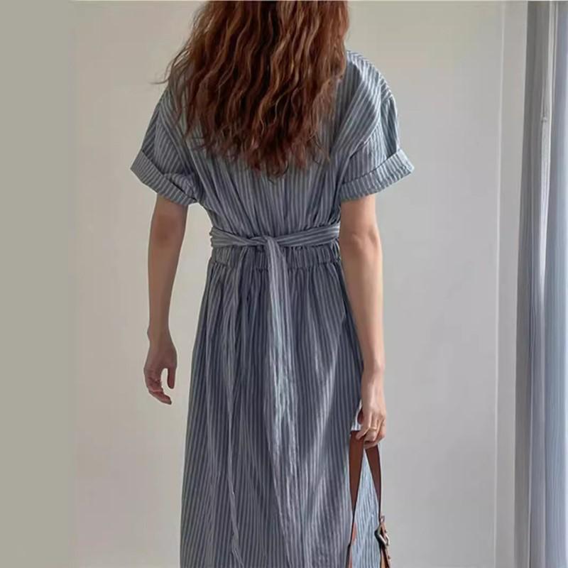 Johnature Korean Lazy Retro Striped Lace-up Waist Dresses Summer Women O-neck Short Sleeve Loose Casual Dresses